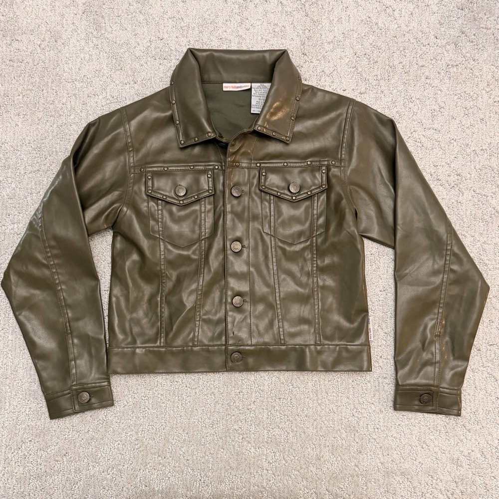 Y2K Mary-Kate and Ashley Girls Green Faux Leather Jacket 10/12 Button Studded